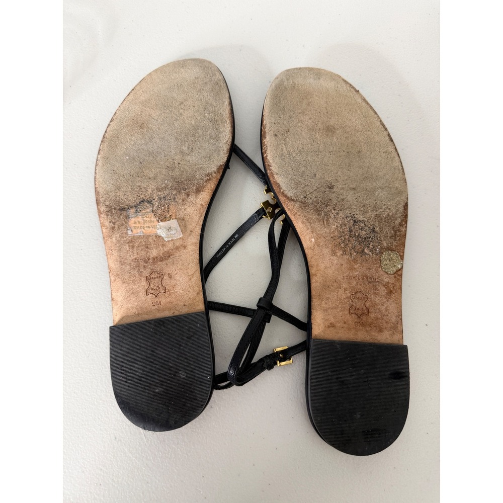 Tory Burch Capri Thong Sandals Black Leather Gold Double T Logo 9M 96555 - Picture 4 of 5